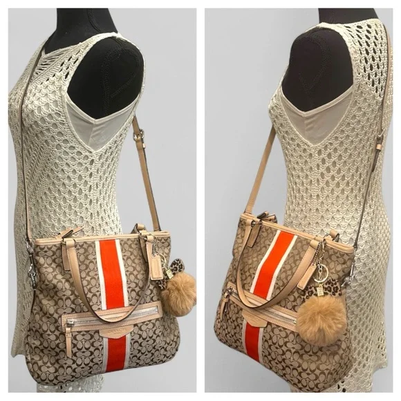 Coach Signature Varsity Stripe Medium Tote Bag – Khaki/Red – Style F27024 - Picture 16 of 16